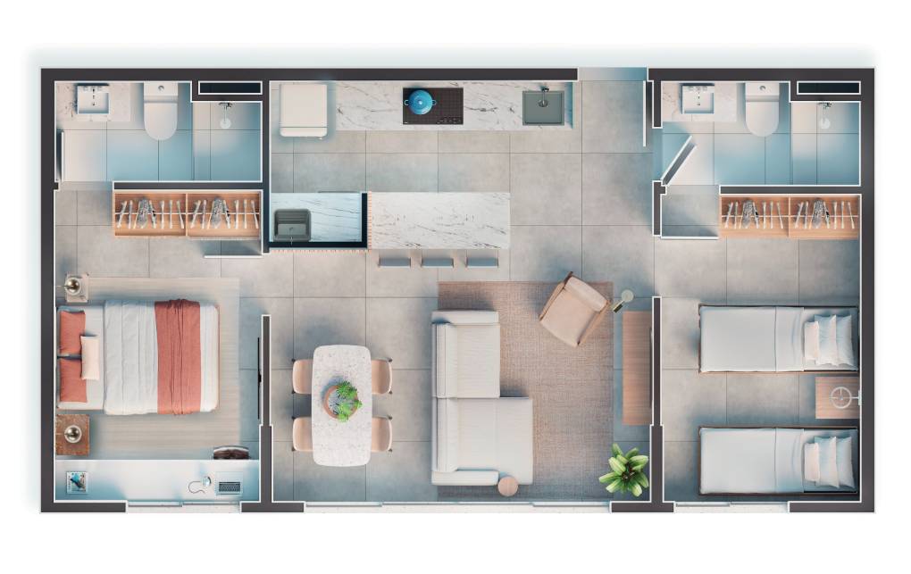 PERSPECTIVA ILUSTRATIVA DA PLANTA DECORADA - SUGESTÃO DE DECORAÇÃO A